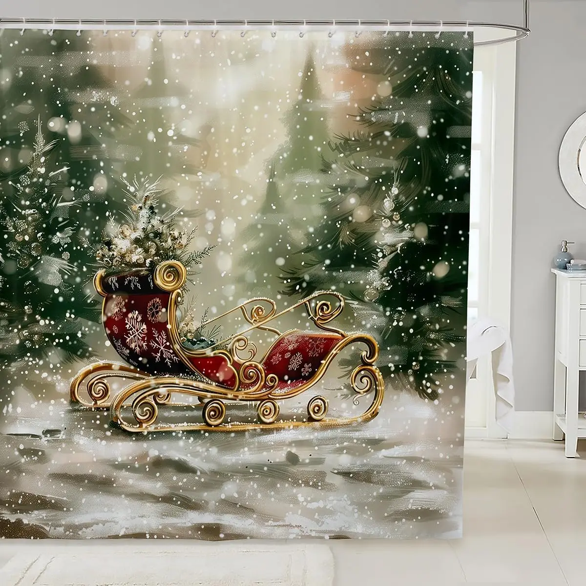 

Винтажная рождественская занавеска для душа с санами и рисунком снежинки, водонепроницаемый рождественский декор для ванны для веселого праздника, стиль ванной комнаты