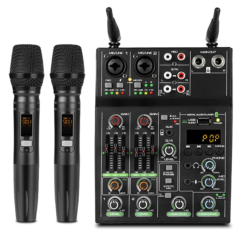 

Wireless Microphone With Audio Mixer Pro Studio 4 Channel Karaoke Mic Bluetooth DJ For TV Computer Home Party Church Wedding