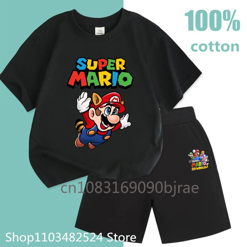 kids Fashion Super Mario Letter Pattern PrintT-shirt 100% Cotton Summer Trend Sets Boys Girls Short Sleeve Round Neck kids Sets