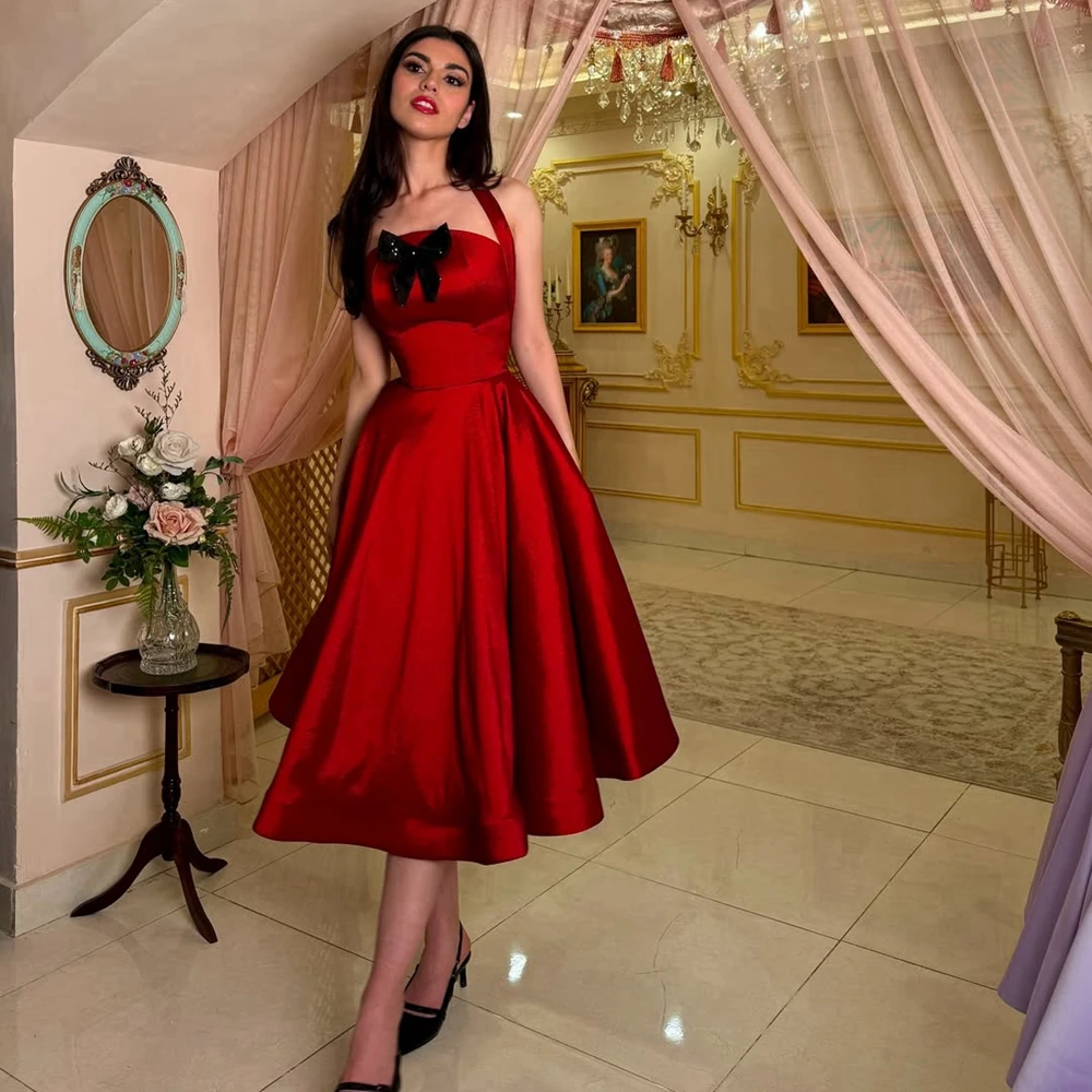 

Elegant Halter Satin Evening Dress with Black Bow Vintage Taffeta Puffy A Line Cocktail Party Gowns Women Formal Evening Dresses