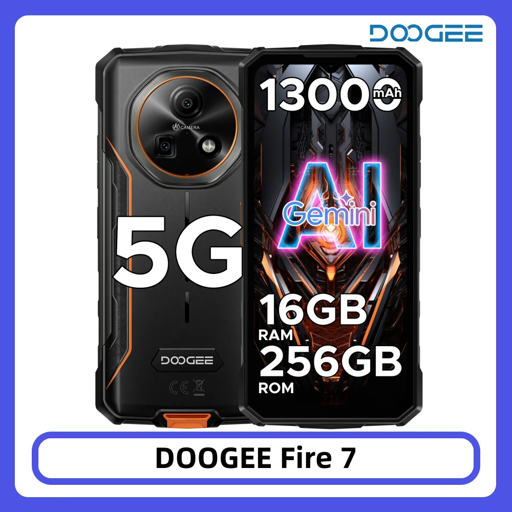 DOOGEE Fire 7 5G Robustes Telefon 16 GB 256 GB 13000 mAh Batterieabmessung 6300 Gemini AI 64 MP Kamera NFC Android 15 Smartphone