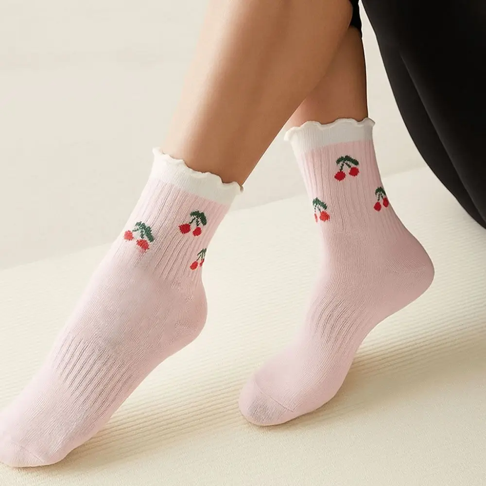 New Cotton Pilates Socks Breathable Harajuku Street Cherry Embroidery Socks Sweat-absorbent Non-Slip Grip Yoga Socks