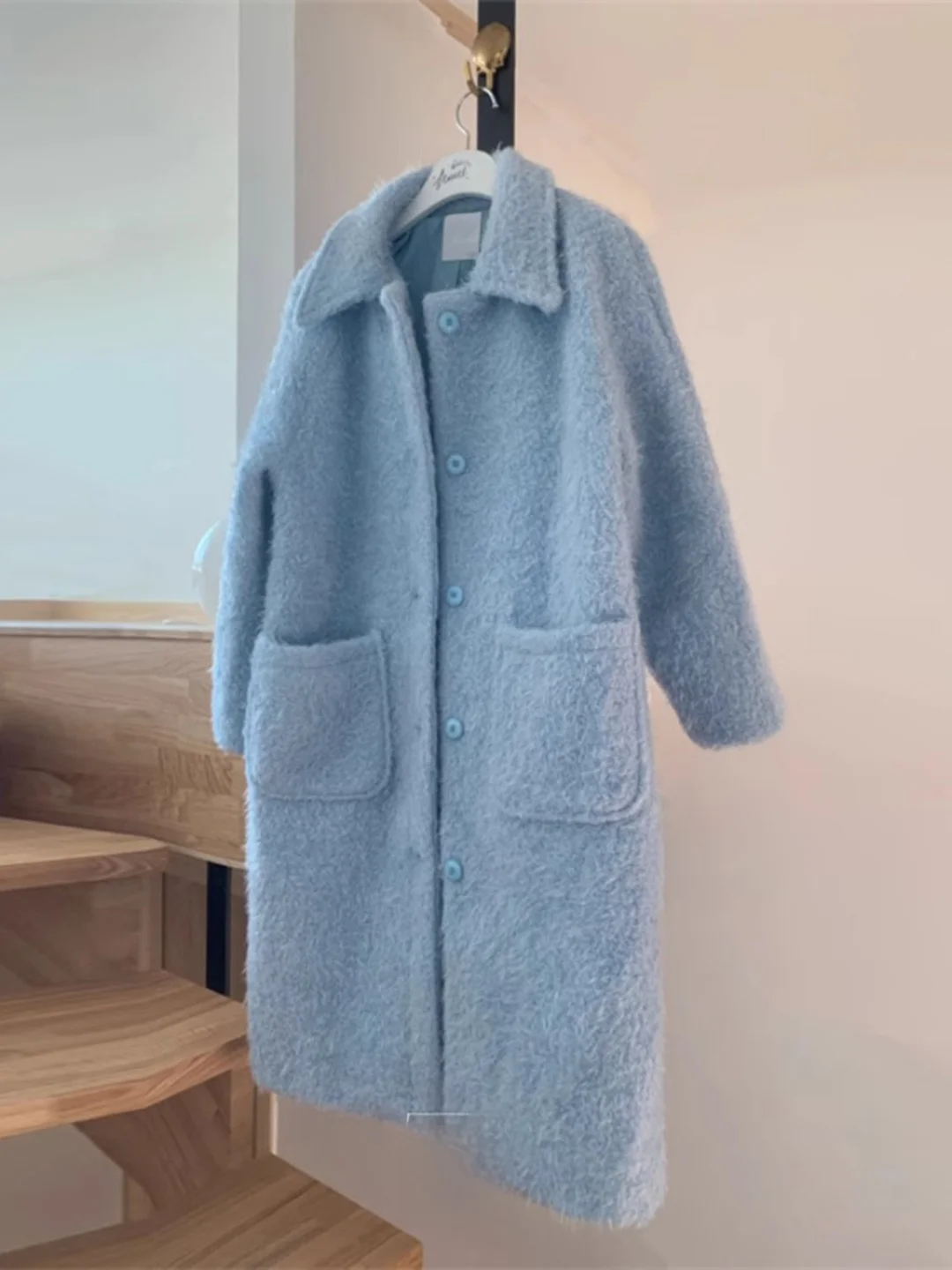 معطف نسائي من الفرو الأزرق والجلد مع فرو الحملان، تصميم كوري جديد للخريف والشتاء، معطف صوفي متوسط الطول بمقاس صغير