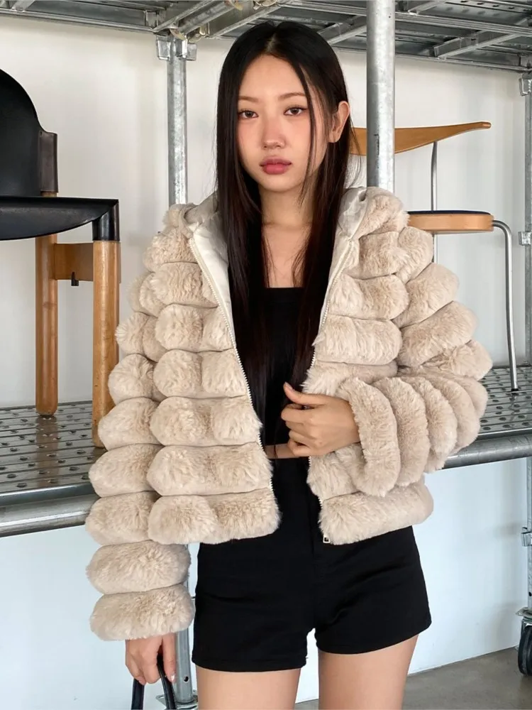 Autumn Winter Faux Fur Coat Women Fashion Hooded Ladies Furry Jacket Korean Style Long Sleeve Woman Fake Fur Coats