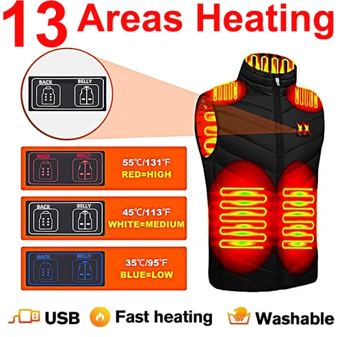 Imagen 2 del producto Chaqueta con calefacción Usb para hombres y mujeres, chaleco con calefacción eléctrica, calentador corporal, chaleco de calor interior Usb, 17/13/9 áreas