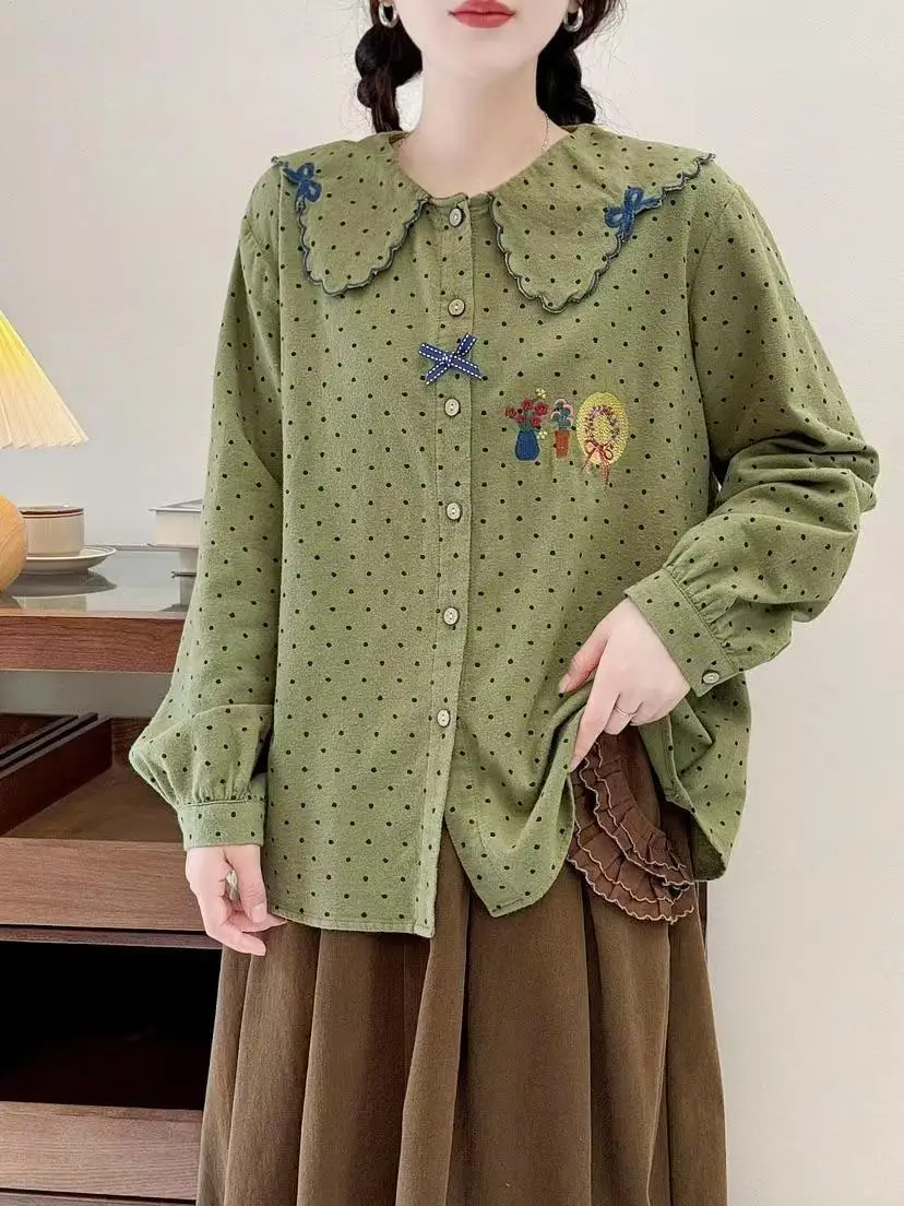 Mori girl sweet green polka dot shirts peter pan collar embroidery winter long sleeve tops for women y2k vintage top cute clothe