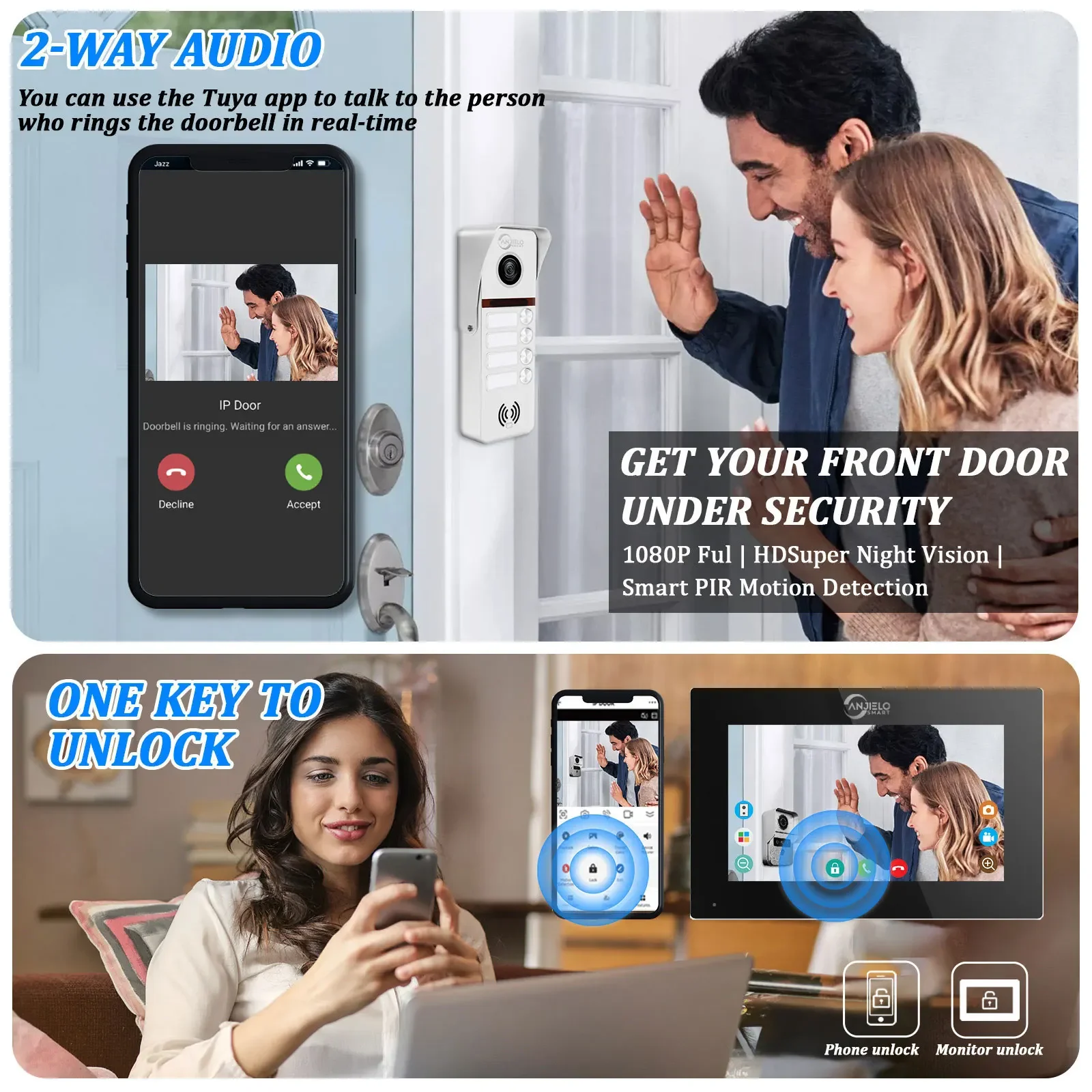 Tuya 7/10 Inch Video Wifi Intercom Tuya Smart Home video 2 doorbell System 1080P 160°Wired Doorbell Camera Full Touch Monitor