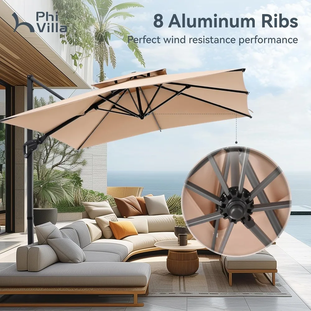

10ft Patio Cantilever Umbrella, 360° Rotation & Infinite Tilt Aluminum Square Double Top Outdoor Offset Umbrella, Customized