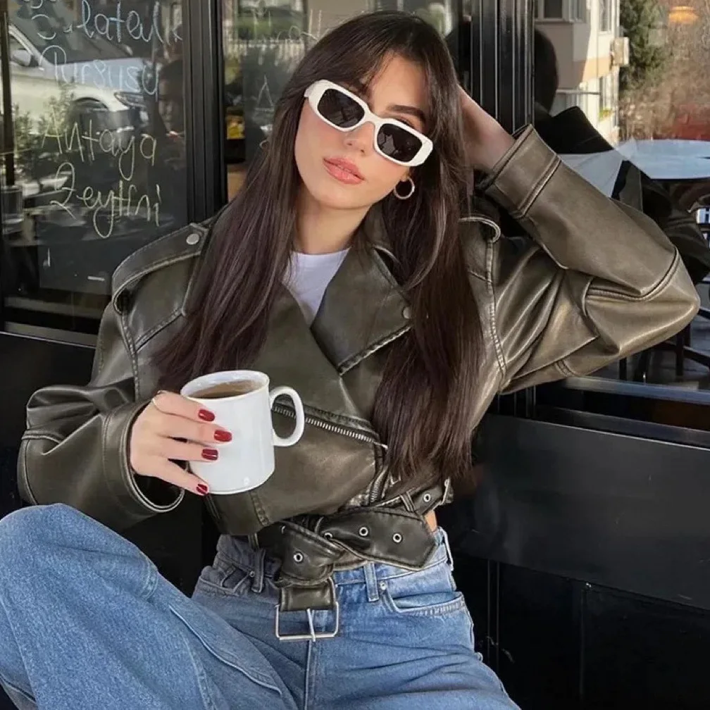 

KIDCRKJ Women Autumn Motorcycle Leather Coat Diagonal-Zipper Belted Lapel Female PU Leather Jacket Hip Hop Outerwear For Lady