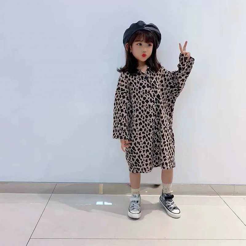 

Girls skirt leopard print loose dress sweater skirt 2024 autumn clothes new style children clothing fashion long girls