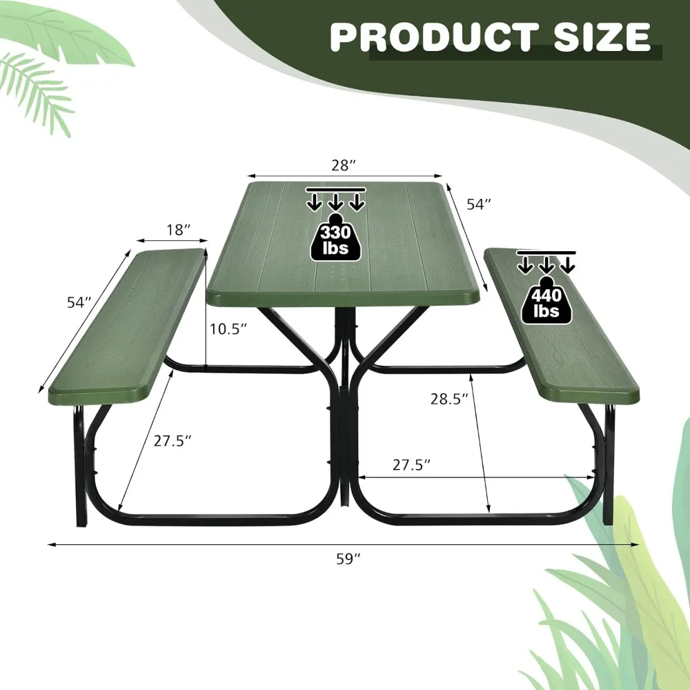 Picnic Table Bamboo, 59” Expanded Rectangular Picnic Tables, Steel Frame & Wood-Like Texture Tabletop, Foldable Camping Table