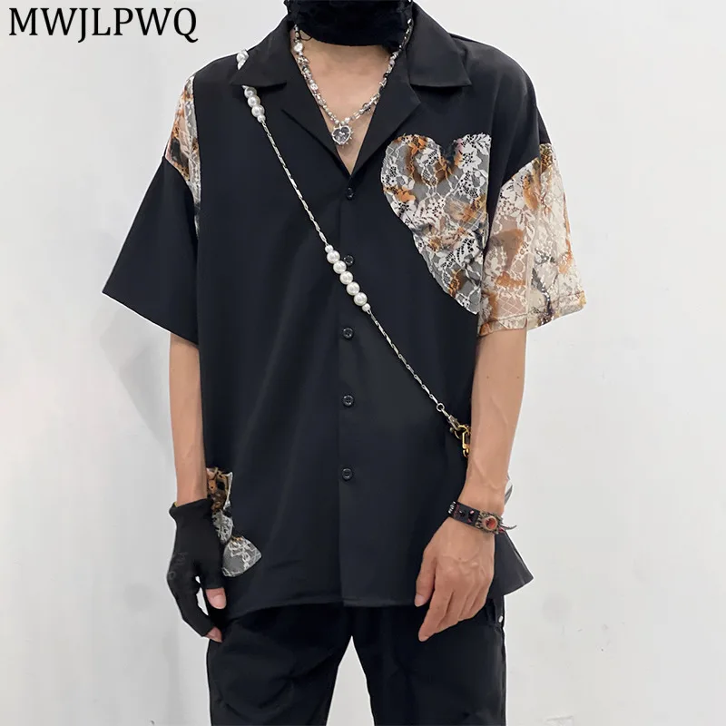 

MWJLPWQ Design Spliced Tide transparency Loose Casual Shirt Short Sleeve Male Summer 2025 Couples High Street Lapel Tops 11686