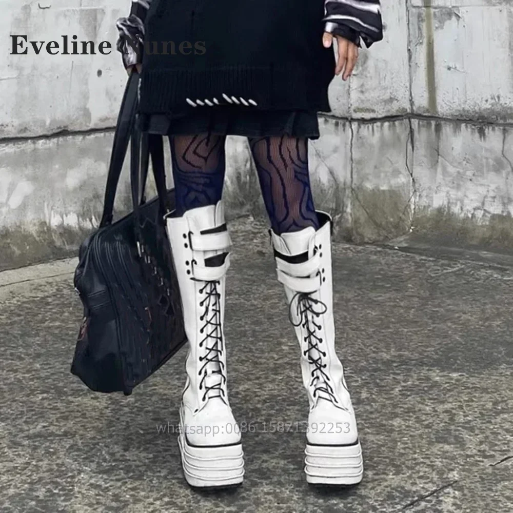 Cross Tied Platform Motorcycle Boots Round Toe Height Increasing Patchwork Zip Buckle Strap Lady Booty Sewing Punk Shoes Spring