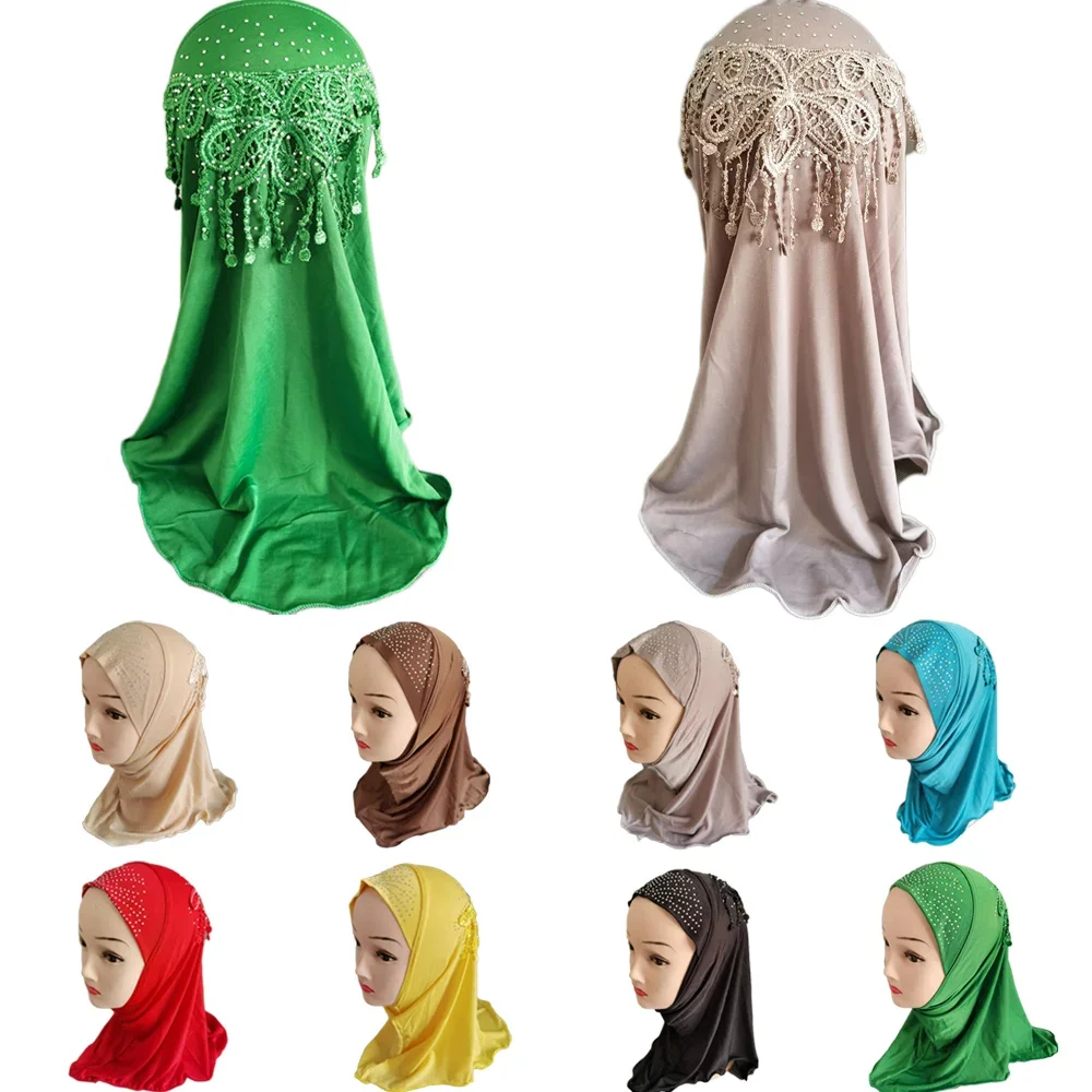 ขนาดเล็กที่สวยงามสาว Amira Hijab Rhinestone พู่ Fit 2-7ปีมุสลิมเด็กดึงผ้าพันคออิสลาม Headscarf ผ้าคลุมไหล่อิสลาม