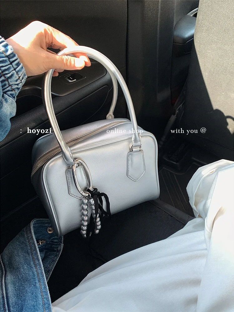 

Silver tote bag woman, summer messenger bag commuter bag