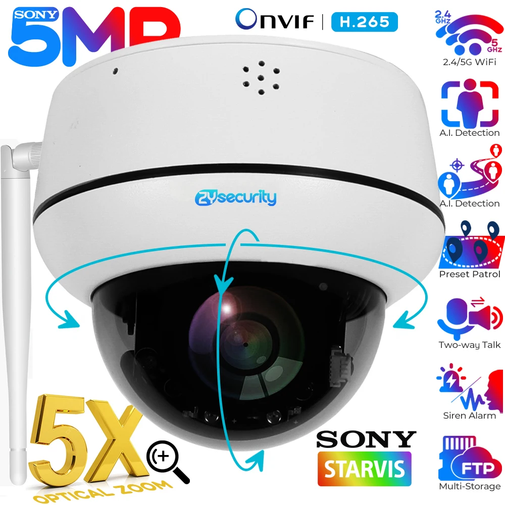 Câmera de vigilância sem fio Home Security, WiFi Dome, PTZ, Zoom óptico 5X, Câmera IP, rastreamento humanóide, conversa bidirecional, 5MP