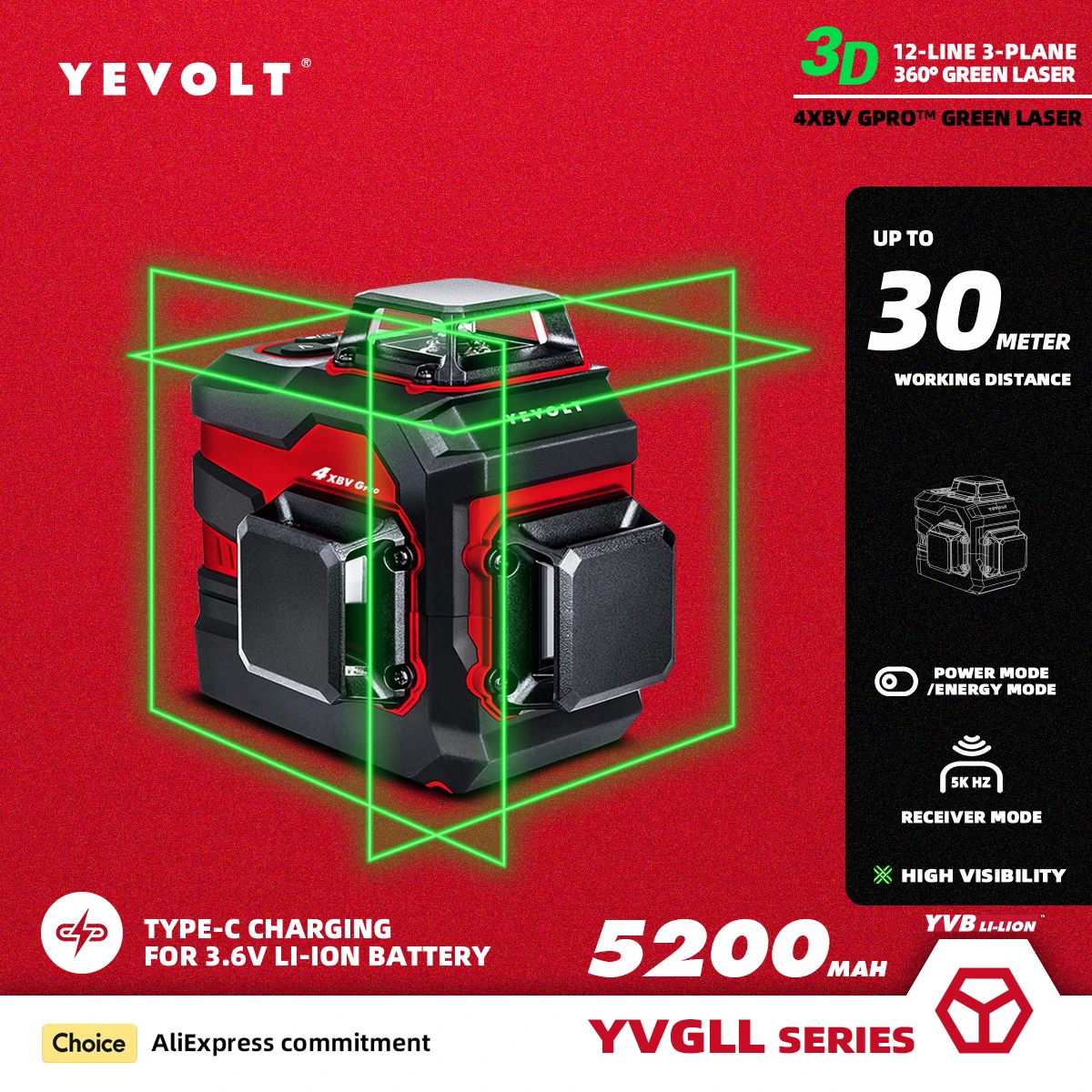 

YEVOLT YVGLL4XS12PRO Series Green Laser Level 3-Plane 12-Line Self-leveling 360 3D Horizontal & Vertical 3.6V 5.2Ah Power Tools