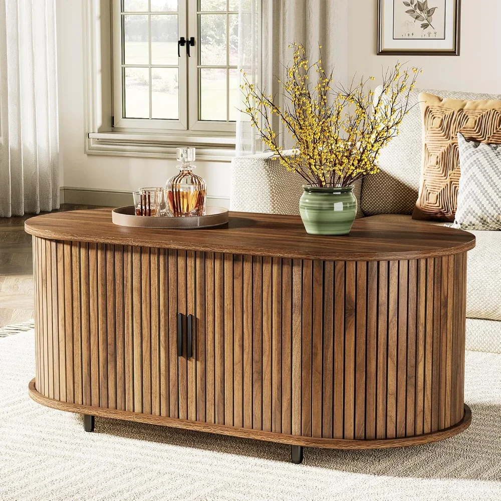 

Coffee Table with Storage, Mid Century Modern Wood Oval Center Table, 2-Tier Tea Cocktail Table with Sliding Door for Living