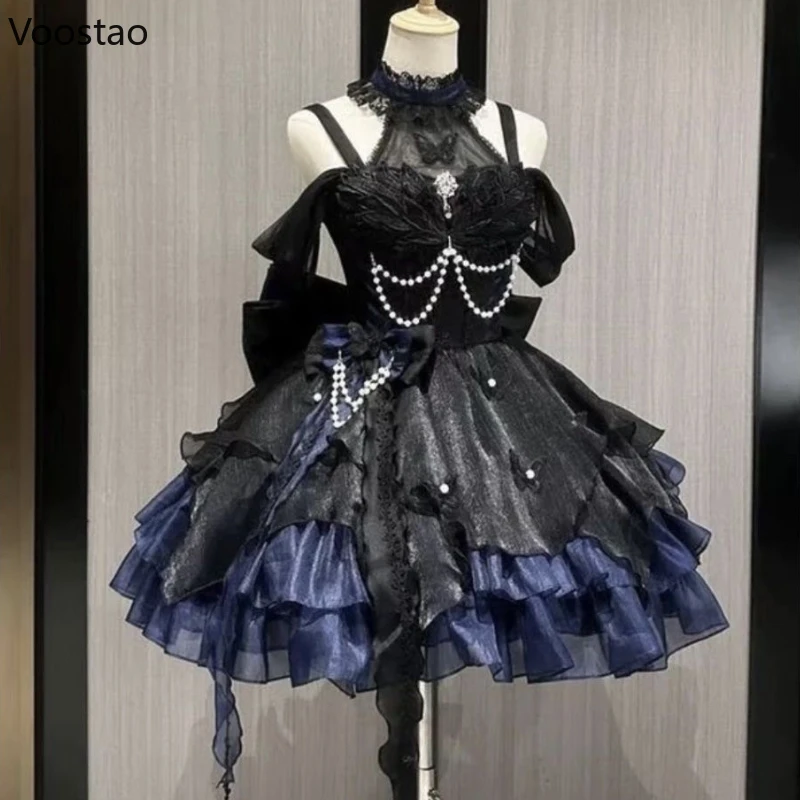 

Japanese Style Gothic Lolita Jsk Dress Women Vintage Sweet Lace Bow Ruffles Party Cake Dresses Harajuku Y2k Slim Bandage Dress