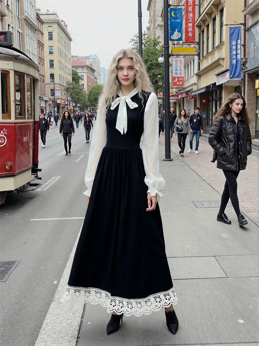 Women'S Black Dress Woman Long Sleeve Regular Fit Preppy Style Autumn Spring Pure Bodycon Red Straps Pearl Embroidery Column