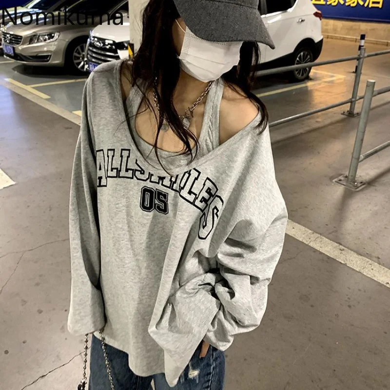 Sudaderas Spring Autumn Sweatshirt Halter Letter Print Loose 2 Piece Aesthetic Hoodies Women Retro Fashion Casual Y2k Streetwear