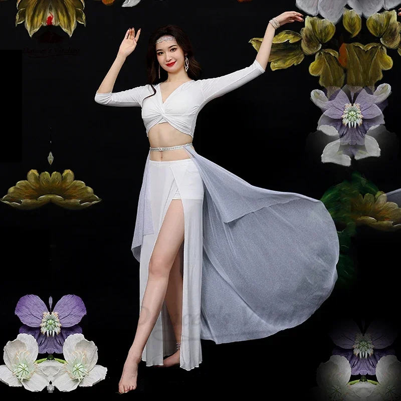 กระโปรงชุดเต้นระบำหน้าท้องสำหรับผู้หญิงกระโปรงยาวทำจากเส้นด้ายชิ้นเดียวเสื้อผ้าสำหรับเด็กผู้หญิงชุดเต้นระบำหน้าท้องกระโปรงสำหรับใส่บนเวที