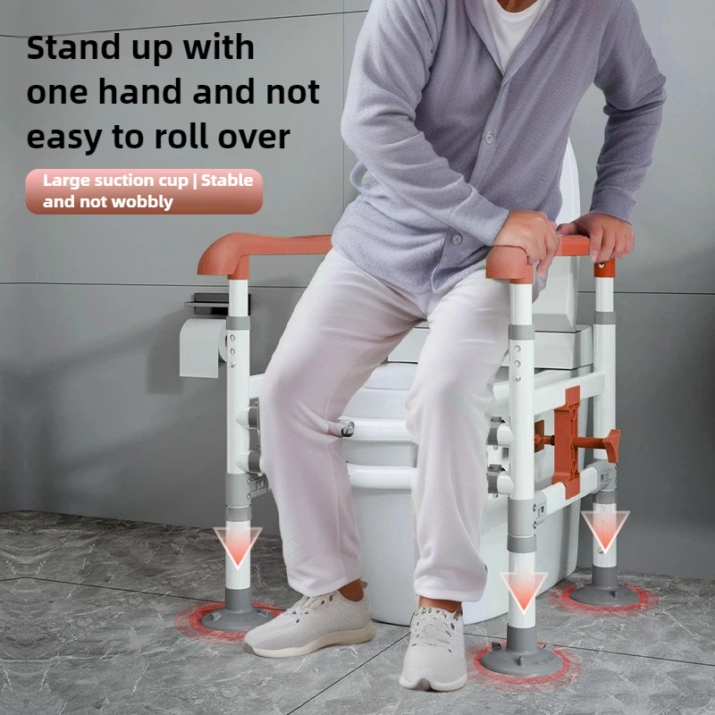 ‌360°Rotatable Toilet Safety Handle for Seniors Fall Prevention Bathroom Grab Bar w/Reinforcement Straps Secure Fit
