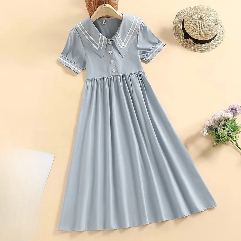 

Girls' Summer Peter Pan Collar Dress 2026 New, Casual Gown for Big Kids School Daily Breathable Wear