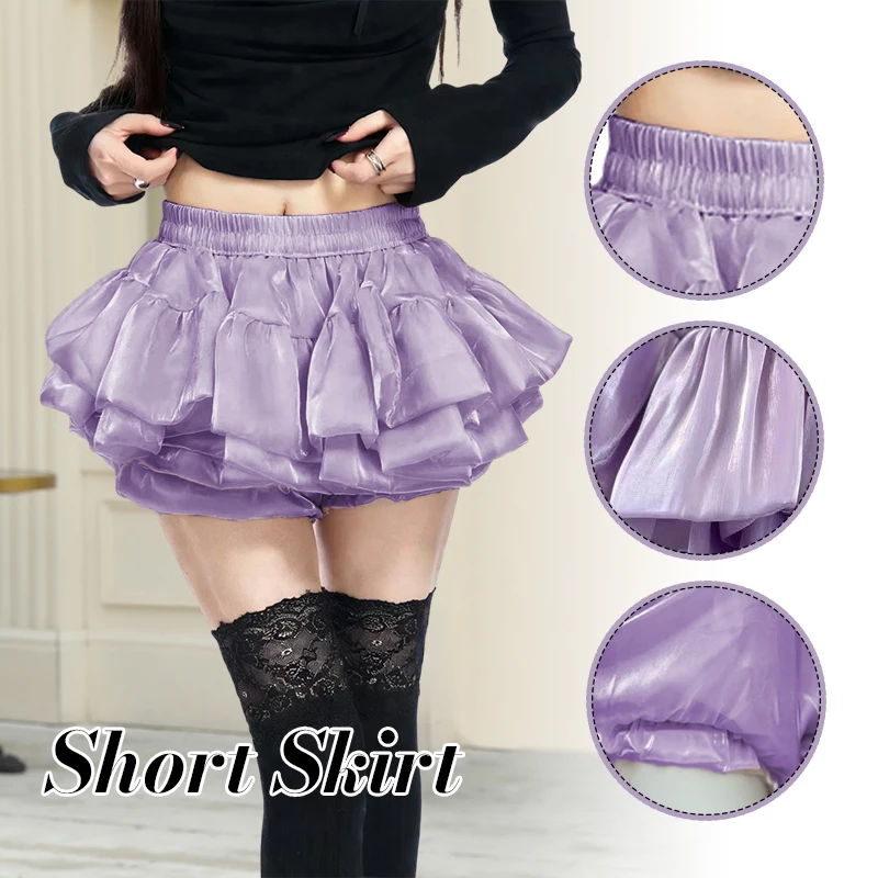 Womens Sweet White Satin Puffy Mini Skirt High Waist Ruffle Trim Lolita Balletcore Skirt 2026 Fashion Shiny Pleated Bottom