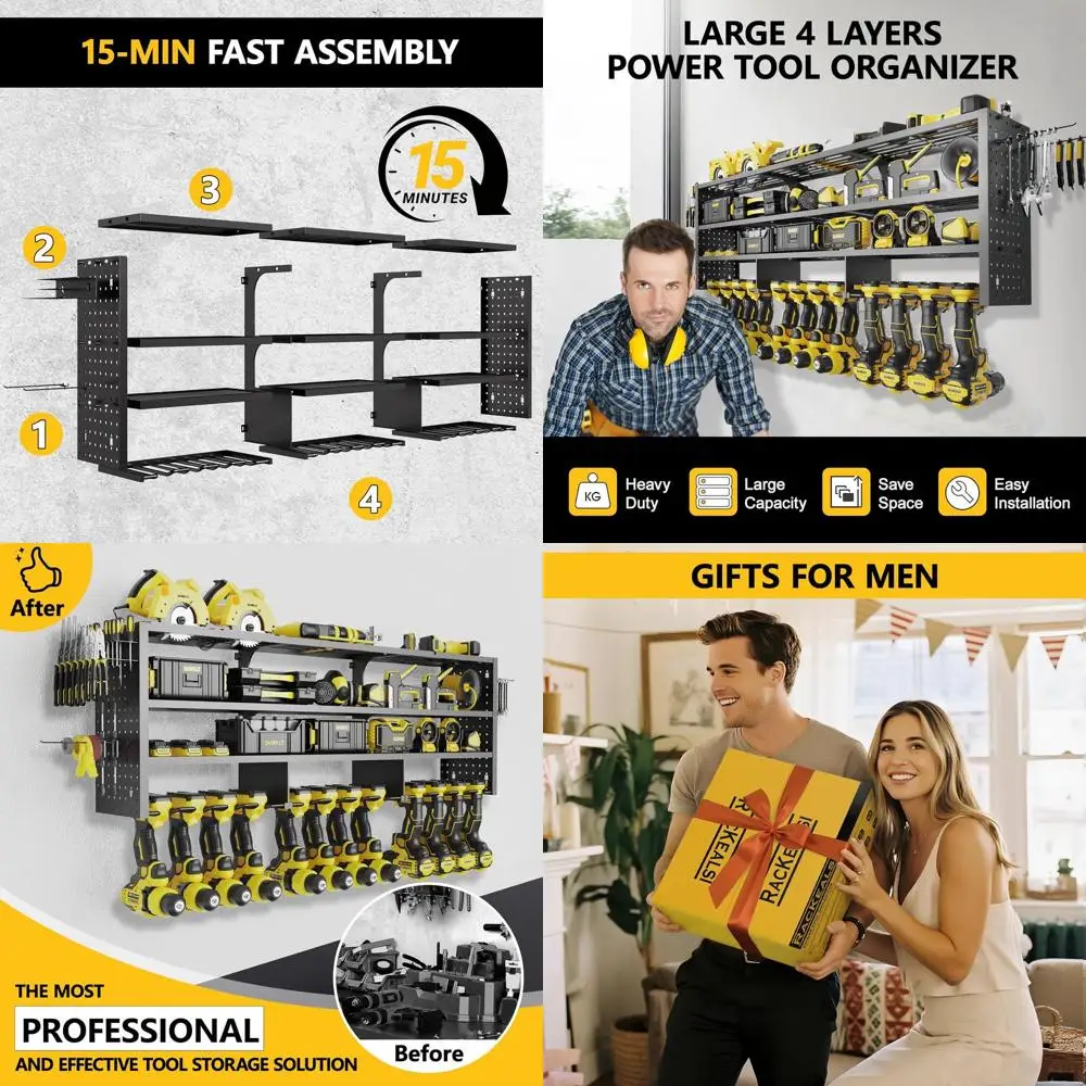 

49 Wide Heavy-Duty Metal Tool Rack, 4-Tier Storage with 12 Drill Holders for Garage Workshop Organization