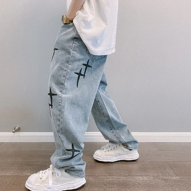 Prints Jeans Men 2024 New Streetwear Baggy Wide Leg Jeans Korean Fashion Drapes Straight Casual Loose Denim Cargo Pants