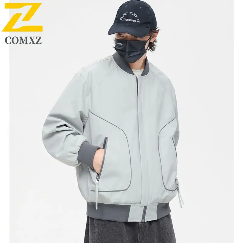 

COMXZ 2024 Mens Womens American Style Solid Color Round Neck Baseball Jacket Unisex Loose Workwear Windproof Casual Coat
