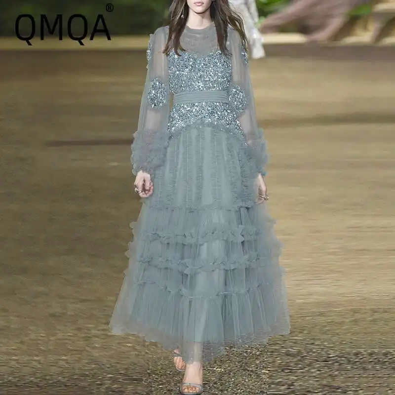 

QMQA Fashion Women's Dress Perspective Mesh Three-dimensional Sequin High Waist Large Swing Evening Dresses 2025 Spring QM321
