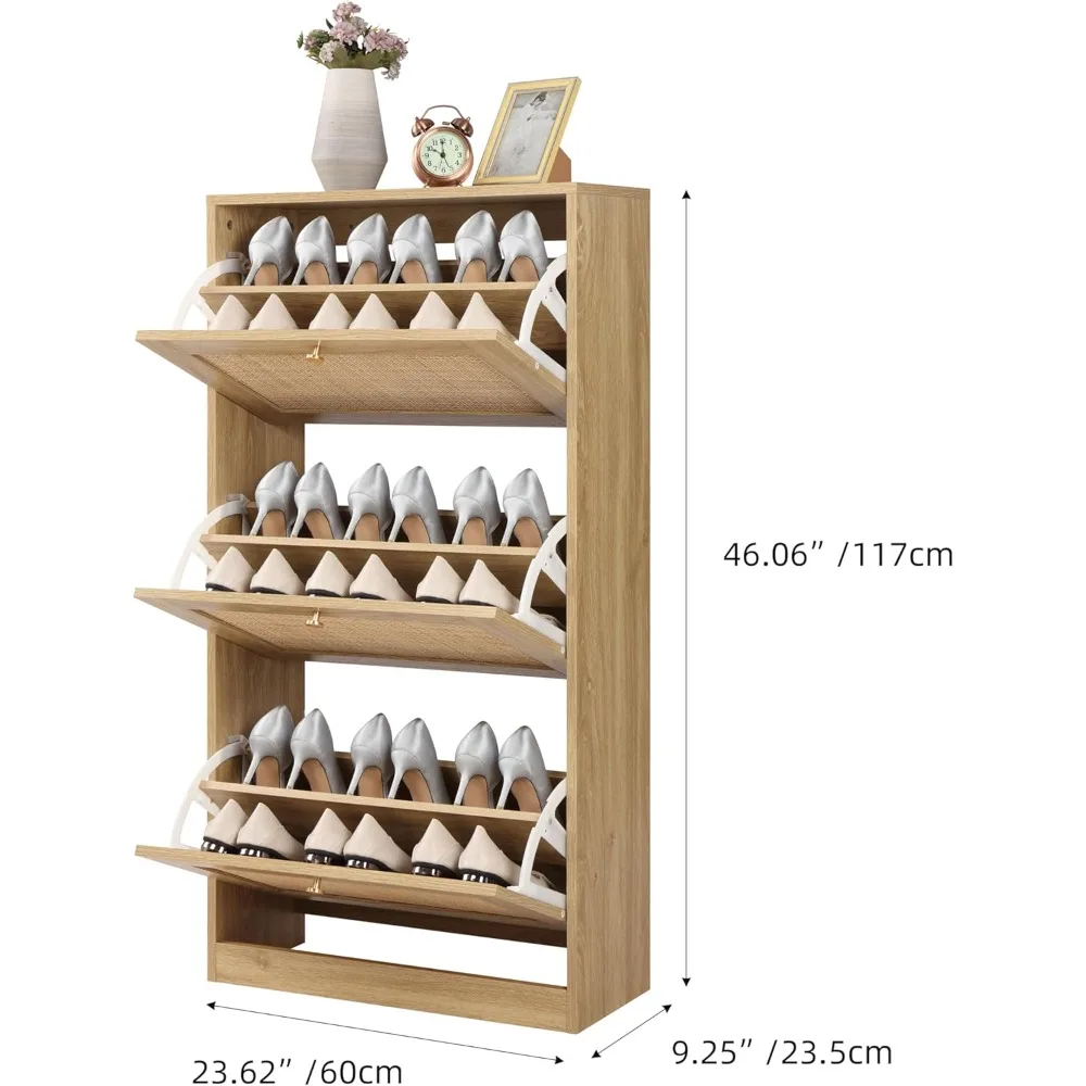 3 Tier Shoe Cabinet with Natural Rattan Flip Drawers for Entryway, Free Standing Slim Shoe Storage Organizer