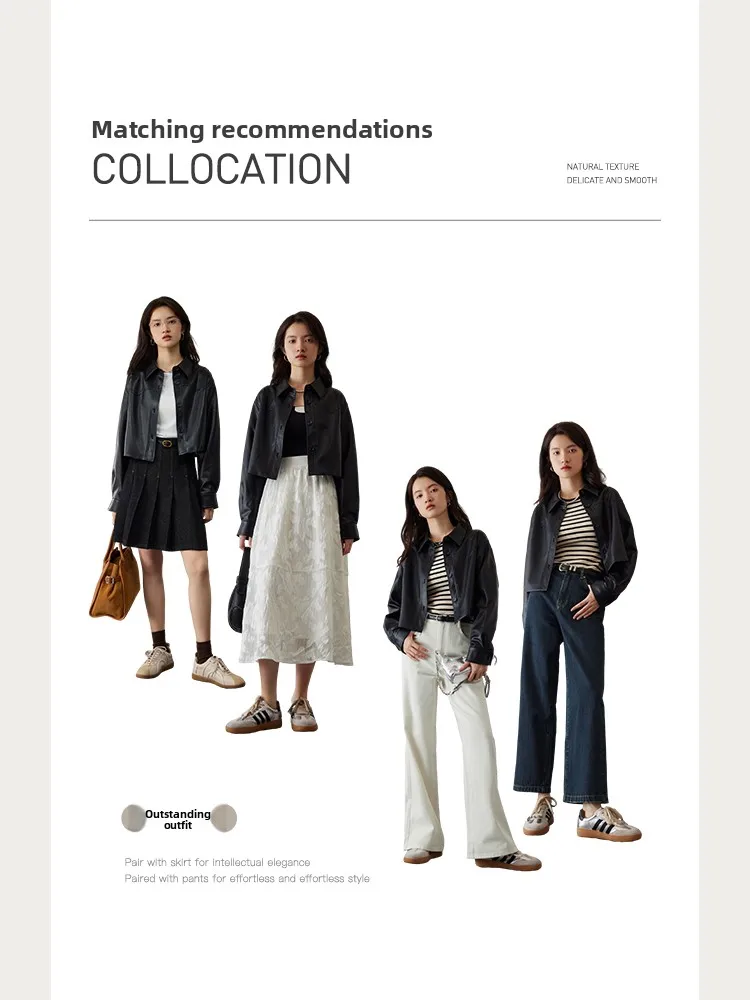 セルフシックまたはレトロなPUレザーのジャケット、女性用ヘビーワークデザイン、ブラックレザーコート、ボタン装飾、ストレートボディ、通勤用