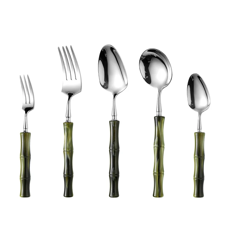

Cutlery Set, 304 Stainless Steel Spoon Fork Tableware Set Acrylic Bamboo Shape Handle Dining Spoon Fruit Fork Tableware Set