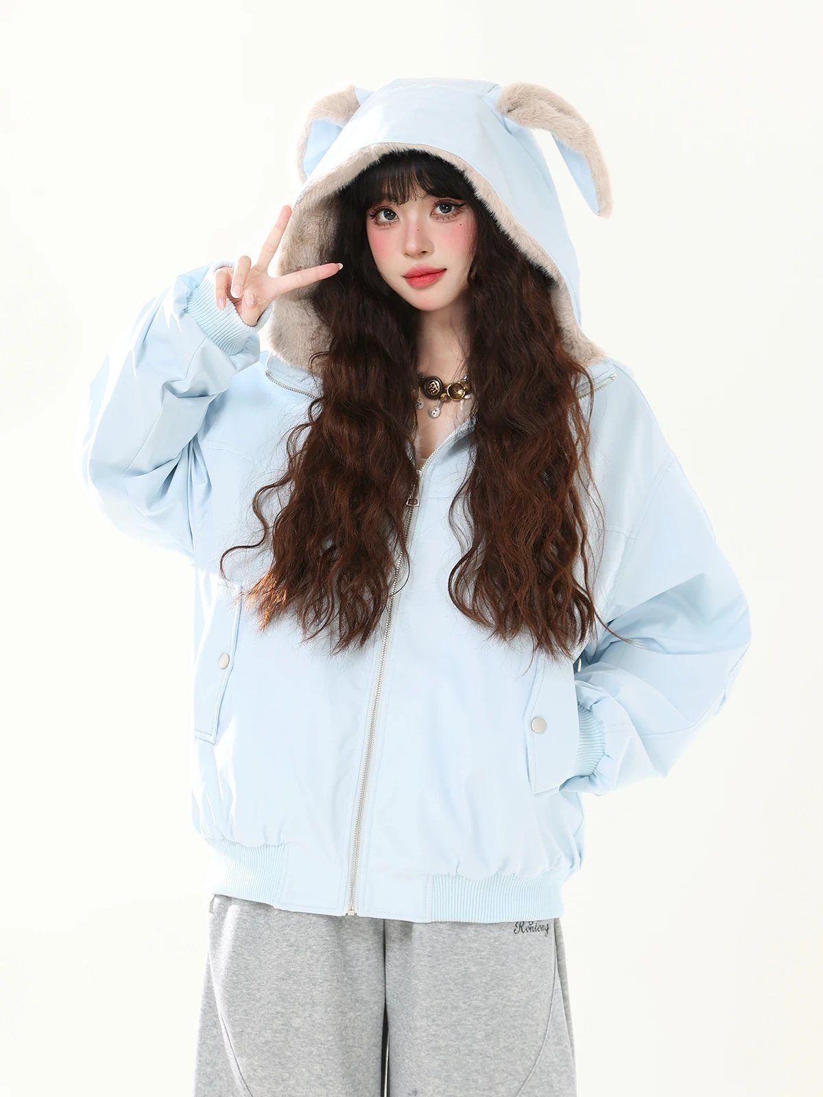 

ENJOG Cute Little Rabbit Ear Hooded Blue Cotton Jaet Women's Autumn Winter Thiened Versatile Casual Outerwear