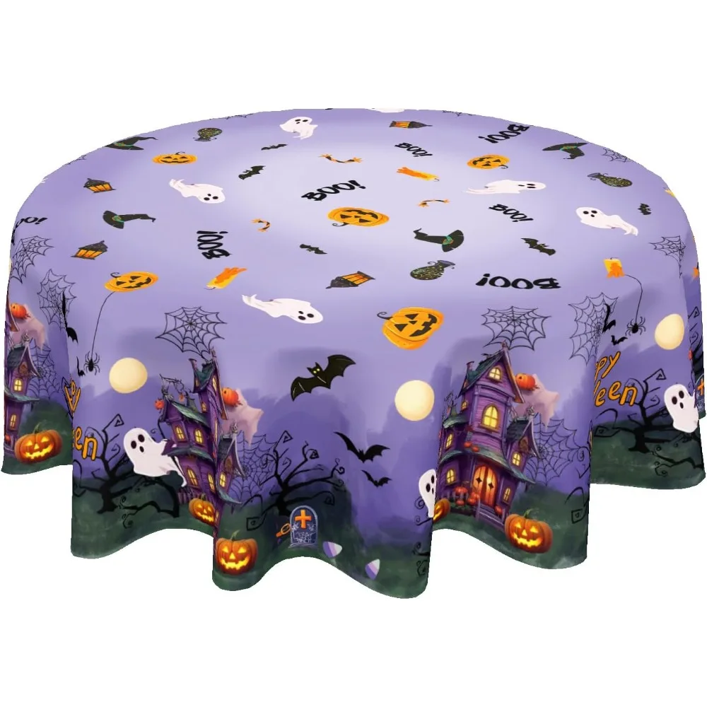

Halloween Tablecloth Round 60 Inch Spider Web Pumpkin Decoration Outdoor Table Cloth Purple Rustic Table Cover *