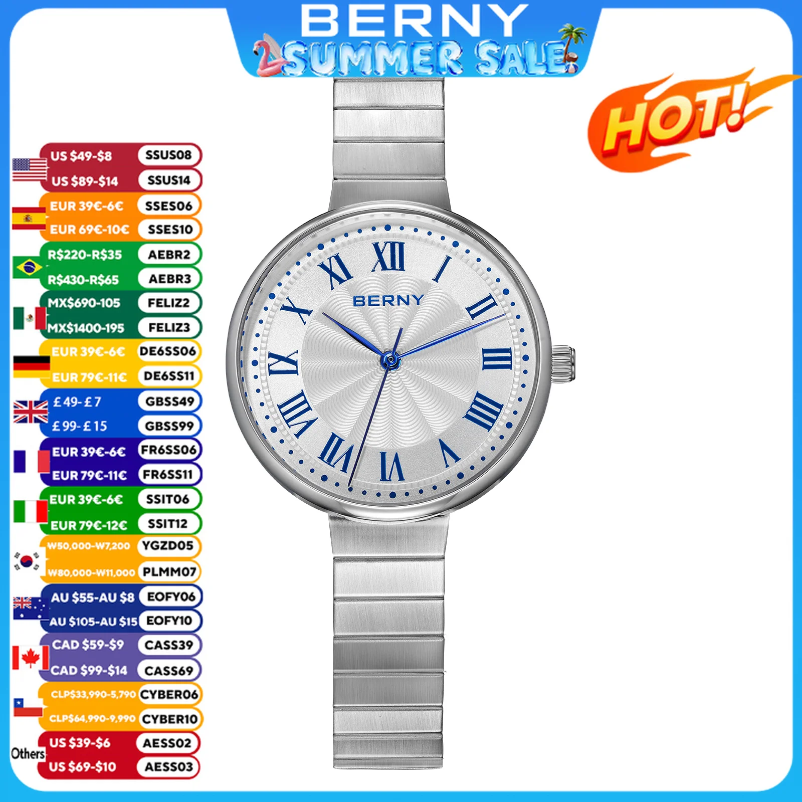 

BERNY Quartz Watch For Women Stainless Steel Water Wave Texture Dial Waterproof Top Brand Exquisite Leisure Ladies Wristwatch