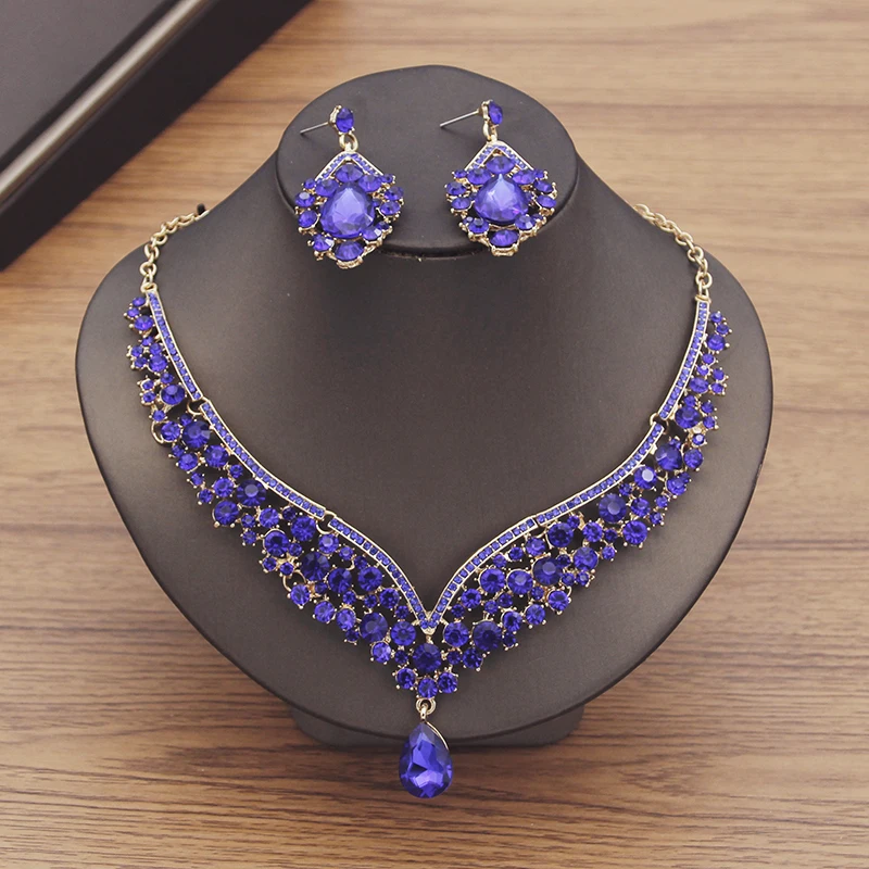 Gorgeous Purple Crystal Wedding Dress Choker Necklace Sets for Women Bridal Jewelry Sets Earrings Dubai Jewelry Sets Fashion