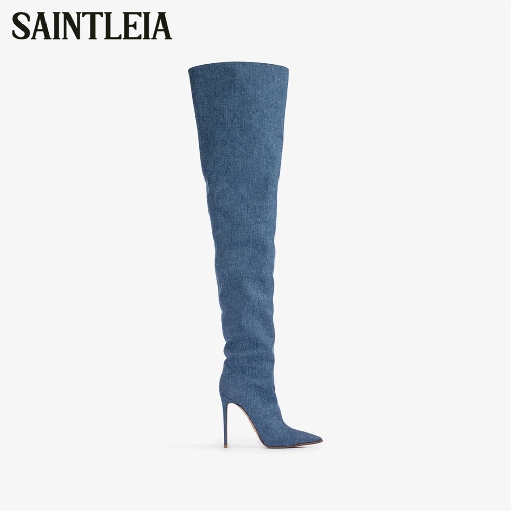 

12cm Stiletto Heel over the Knee Boots Stiletto Pointed Toe Loose Boots Fashionable Slip on Handmade Boots Denim Leather Shoes