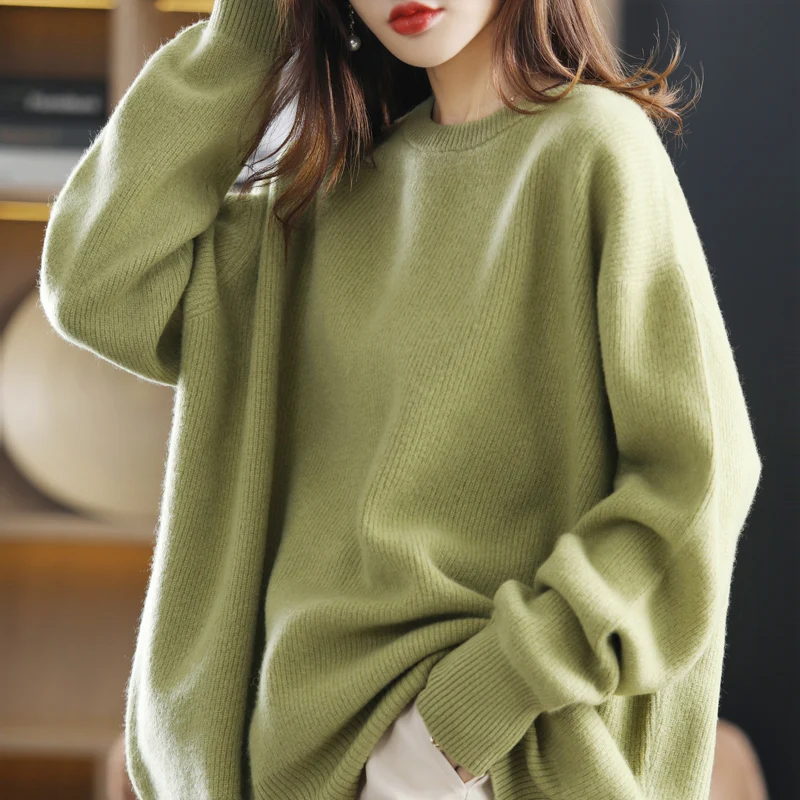 Plus Size Knit Jumper Women\'s Round Neck Sweater 100% Pure Australian Wool Warm And Soft Cashmere Loose Pullover For Winter Top