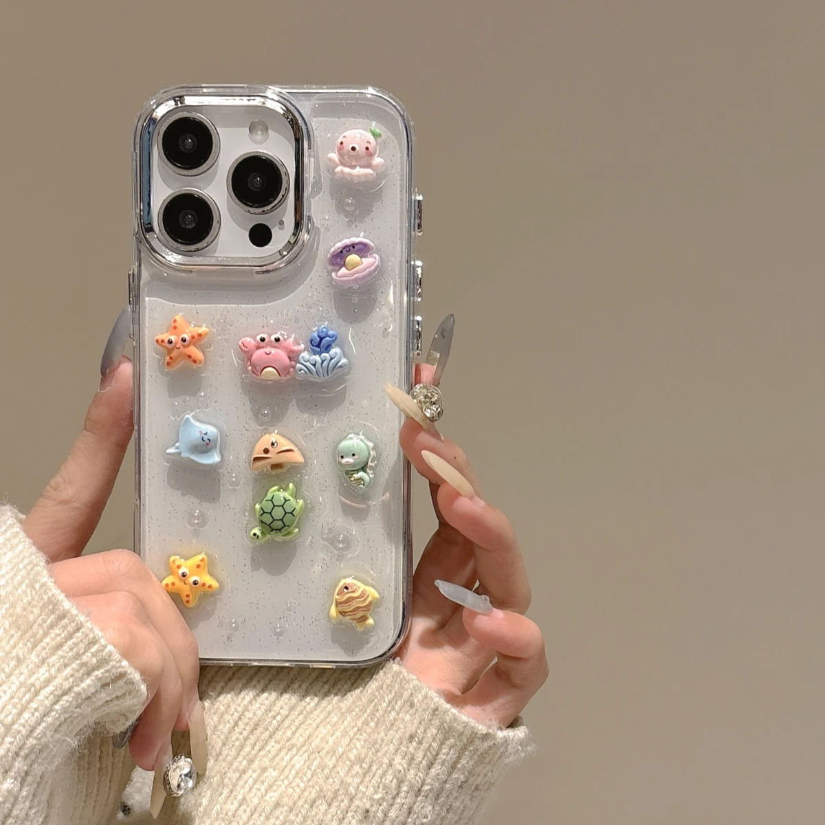 ثلاثية الأبعاد شفافة بلينغ بريق البحر البحرية الحيوان جراب هاتف آيفون 17 16 14 13 12 11 15 برو ماكس قطرة الغراء غطاء مقاوم للصدمات