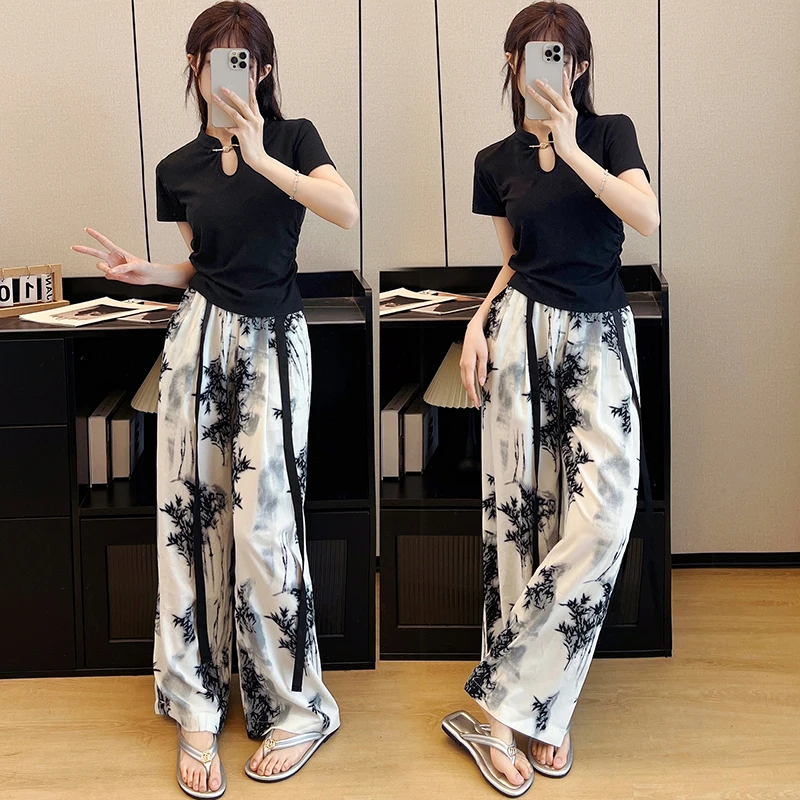 Summer Two-piece Set For Women Cotton T-shirt Tops And Printed Wide Leg Pants Female Large Size Casual Black Loose Matching Suit