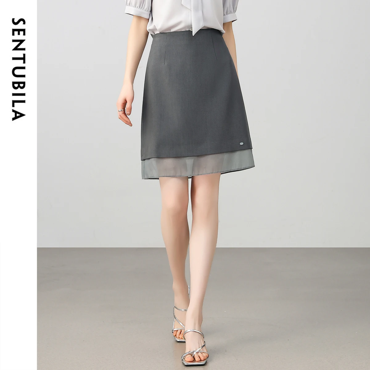 SENTUBILA Grey Short Skirt Office Lady Woman 2026 Autumn A-line Elegant Mesh Splicing Sequined Zipper Female Skirts 152Q80113