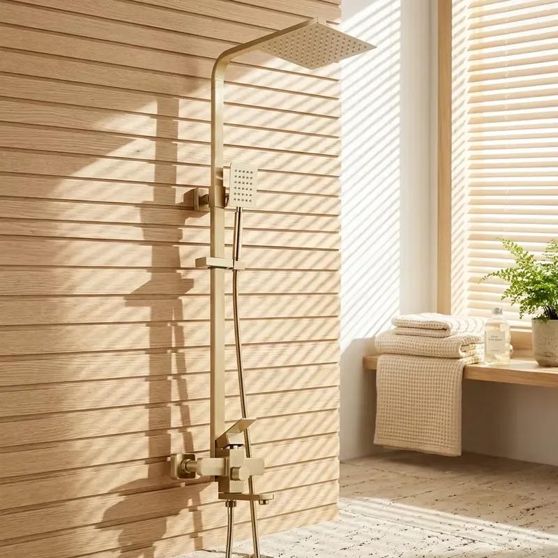 Brushed Gold Square Rain Shower System 304 Stainless Steel Hotel Use Ceramic 3 Functions Wall Mount Shower Set Hand Sprayer view 3