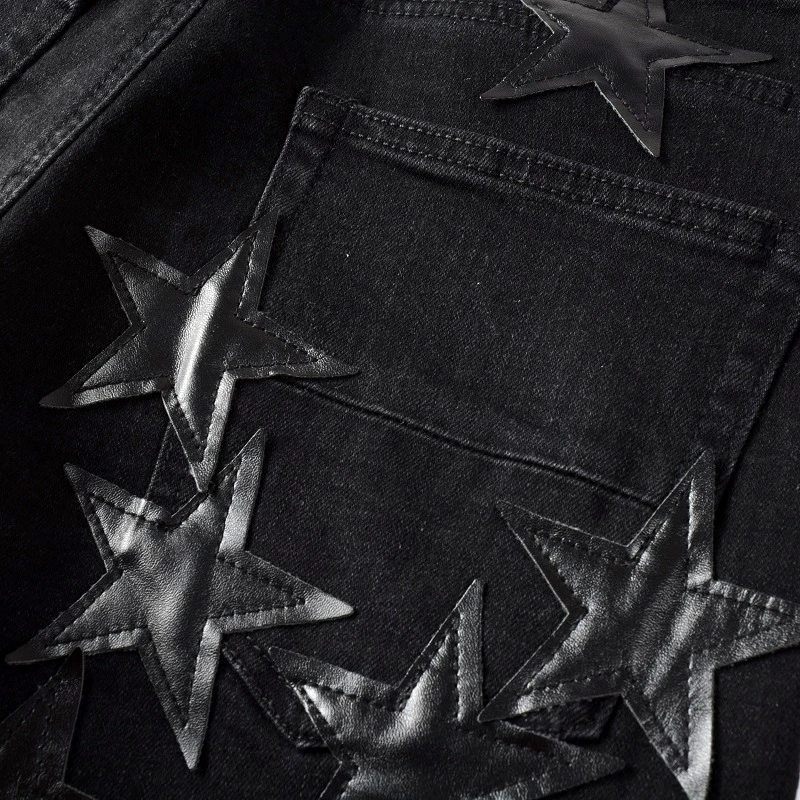 Men's Fashion Hip Hop Cool Leather Star Splicing Elastic Black Skinny Jeans High Street Hole Ripped Denim Casual Pants