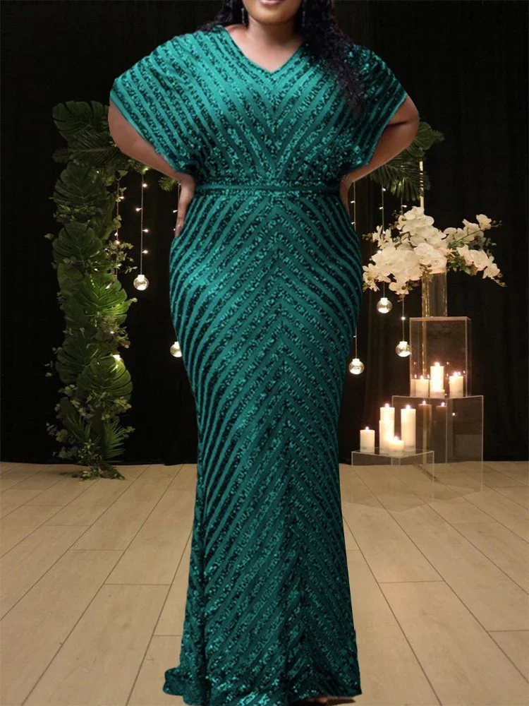 Robe de Soirée Longue de Forme Sirène pour Femme, Tenue Luxueuse, à Paillettes Brillantes, Col en V, Manches Courtes, Rayée, Élégante, 5XL, 2023