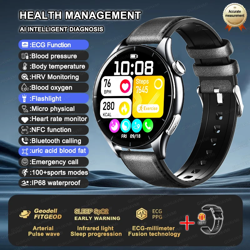 2025 New NFC  Health MonitorUric Acid Blood Pressure Blood oxygen Body Analysis Smart Watch ECG+PPG Clock Smartwatch Men lady
