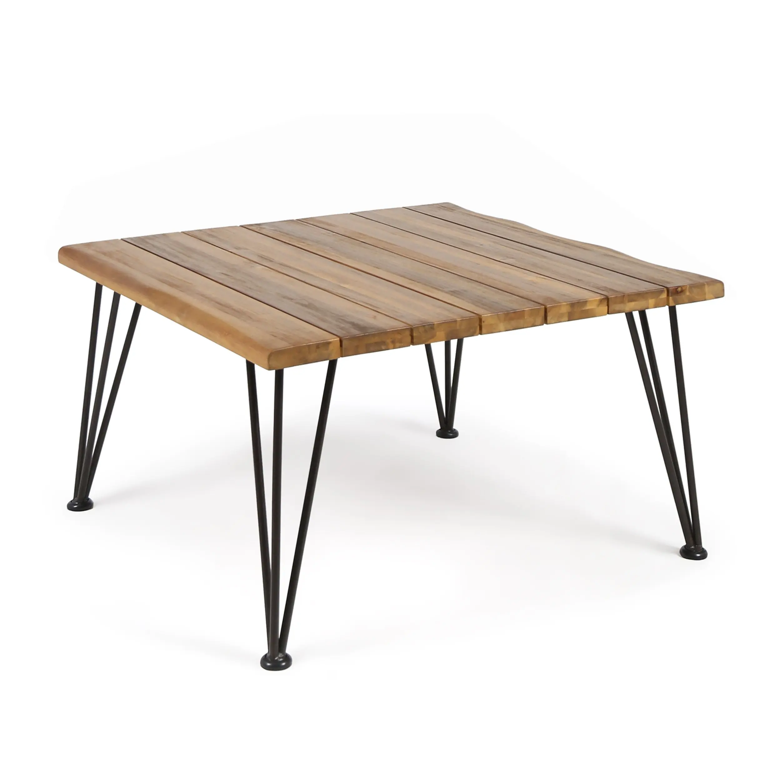Zion Outdoor Industrial Acacia Wood Coffee Table with Iron Frame, Teak Finish / Rustic Metal